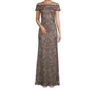 Tadashi Shoji Lace Illusion Off-the-Shoulder Long Gown Dark Pearl sz 16 NWT